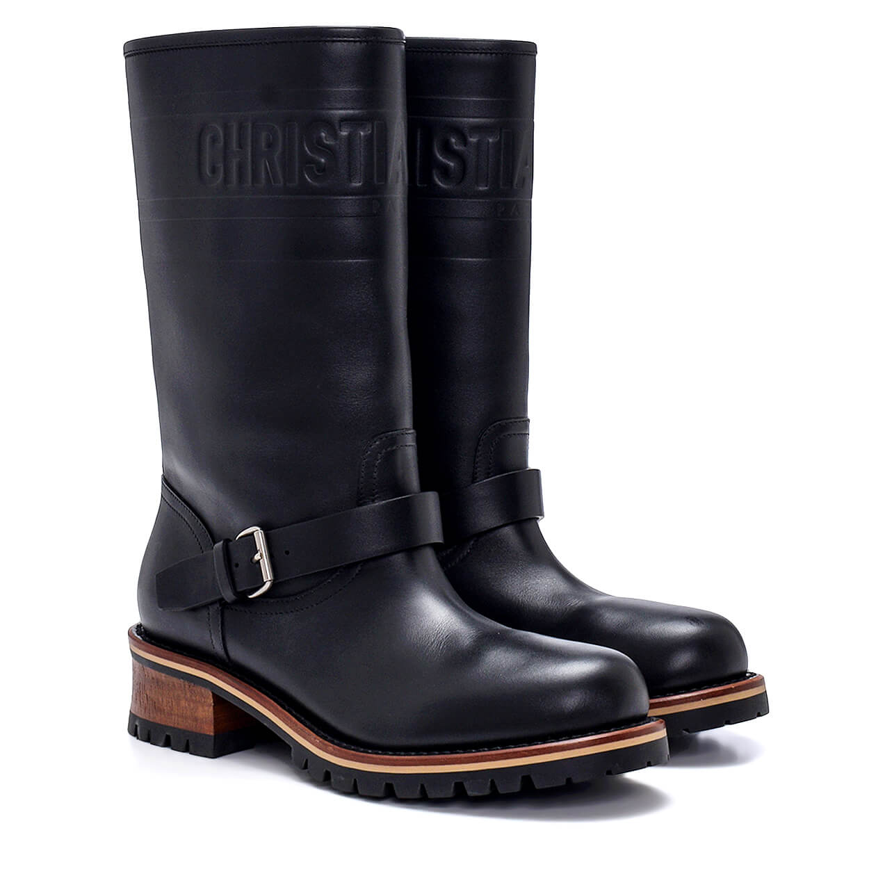 Christian Dior - Black Leather Logo Embossed Mid Length Quest Boots